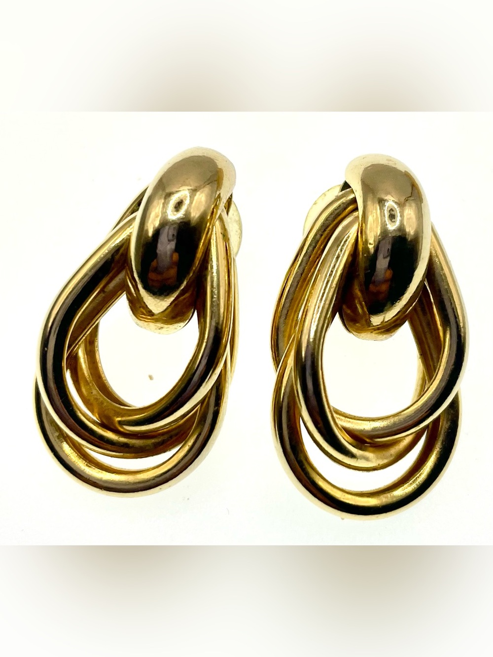 Vintage Gold Tone Triple Loop Earrings Sculptural Statement Pierced Earrings